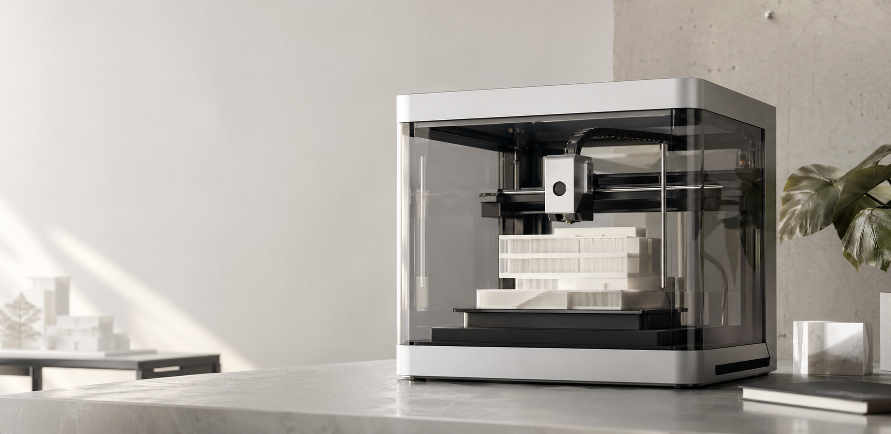 Moderner 3D-Drucker mit Architekturmodell